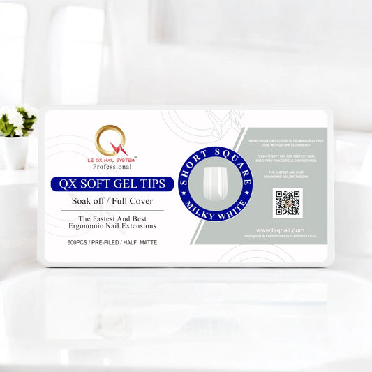 QX SOFT GEL TIPS - SHORT SQUARE - MILKY WHITE Full Coverage/ Prefile . Buy 3 FREE 1