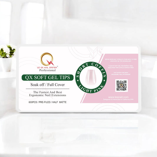 QX SOFT GEL TIPS - SHORT COFFIN - LIGHT PINK Full Coverage/ Pre-file .Buy 3 FREE 1