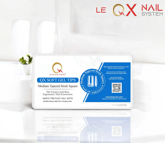 QX SOFT GEL TIPS - MEDIUM TAPERED SLEEK SQUARE - CLEAR - Full Coverage/ Prefile . Buy 3 FREE 1
