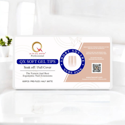 QX SOFT GEL TIPS - SHORT SQUARE - NUDE PINK Full Coverage/ Prefile . Buy 3 FREE 1