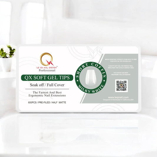 QX SOFT GEL TIPS - SHORT COFFIN - MILKY WHITE Full Coverage/ Pre-file .Buy 3 FREE 1