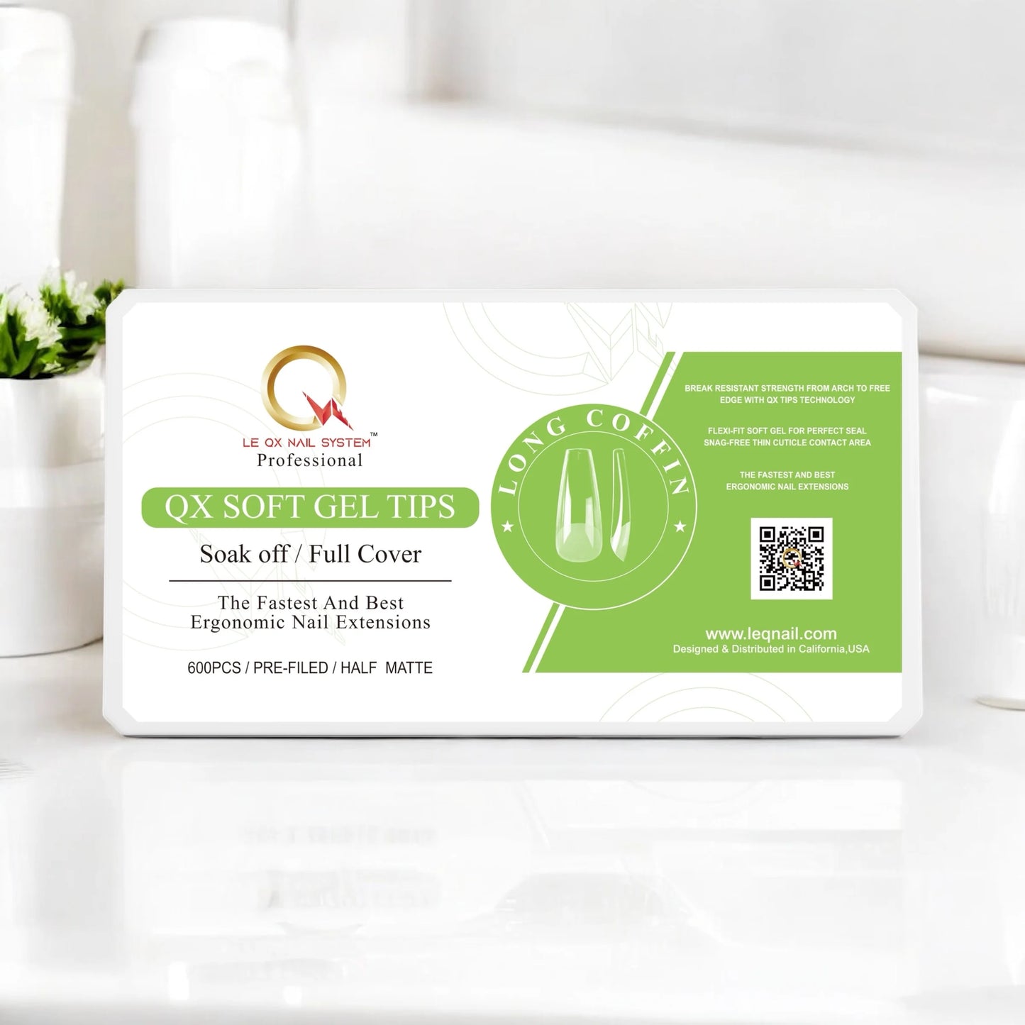 QX SOFT GEL TIPS - LONG COFFIN - Full Coverage/ Pre-file Clear. Buy 3 FREE 1