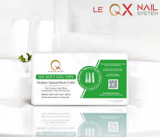 QX SOFT GEL TIPS - MEDIUM TAPERED SLEEK COFFIN  - CLEAR - Full Coverage/ Pre-file Clear. Buy 3 FREE 1