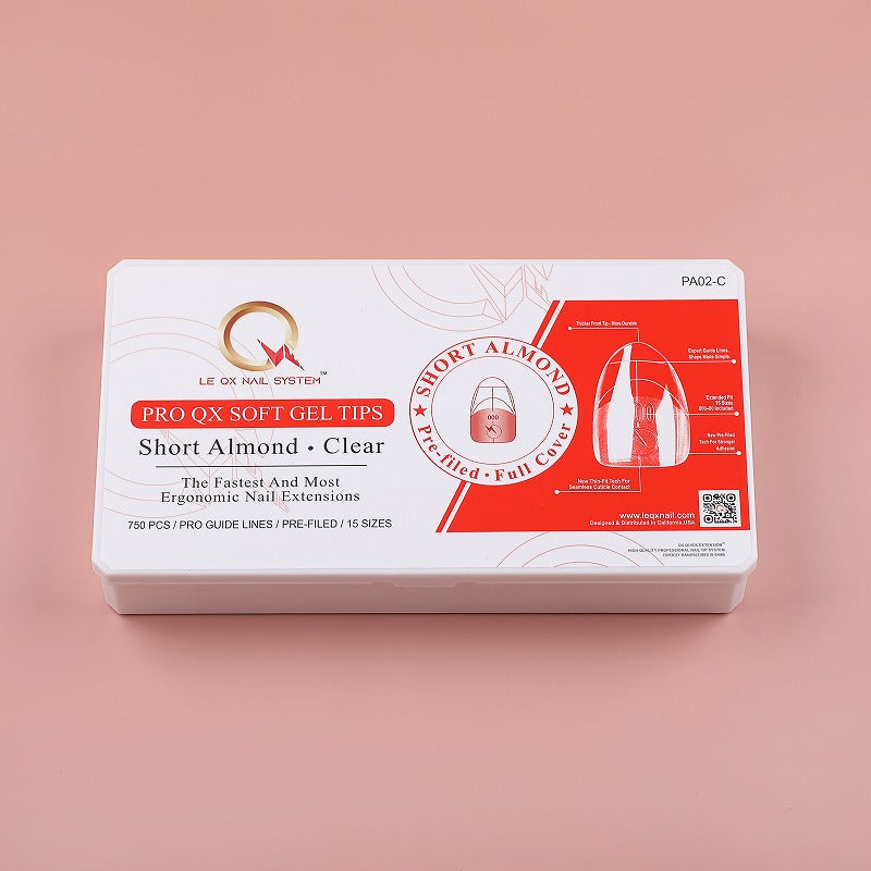 PRO QX TIPS- SHORT ALMOND-CLEAR-750 PCS- HALF MATTE- 15 SIZES - PRO GUIDE LINES- BUY 3 FREE 1