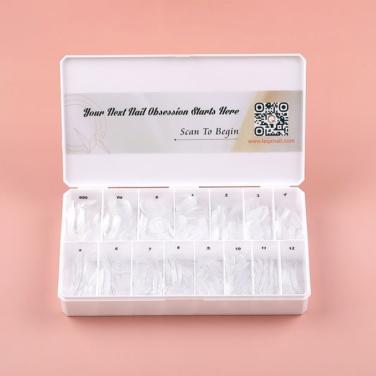 PRO QX TIPS- SHORT ALMOND-CLEAR-750 PCS- HALF MATTE- 15 SIZES - PRO GUIDE LINES- BUY 3 FREE 1
