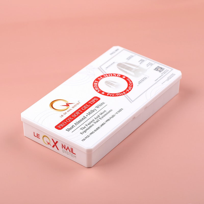 PRO QX TIPS- SHORT ALMOND-MILKY WHITE - 750 PCS- HALF MATTE- 15 SIZES - PRO GUIDE LINES- BUY 3 FREE 1