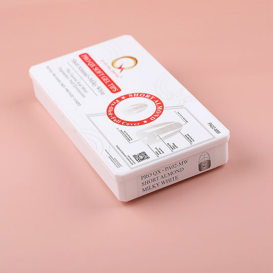 PRO QX TIPS- SHORT ALMOND-MILKY WHITE - 750 PCS- HALF MATTE- 15 SIZES - PRO GUIDE LINES- BUY 3 FREE 1