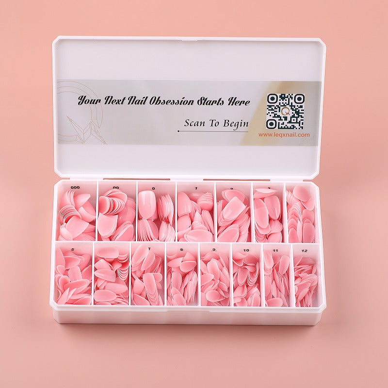 PRO QX TIPS-SHORT ALMOND - SAKURA PETALS -750 PCS- HALF MATTE- 15 SIZES - PRO GUIDE LINES- BUY 3 FREE 1