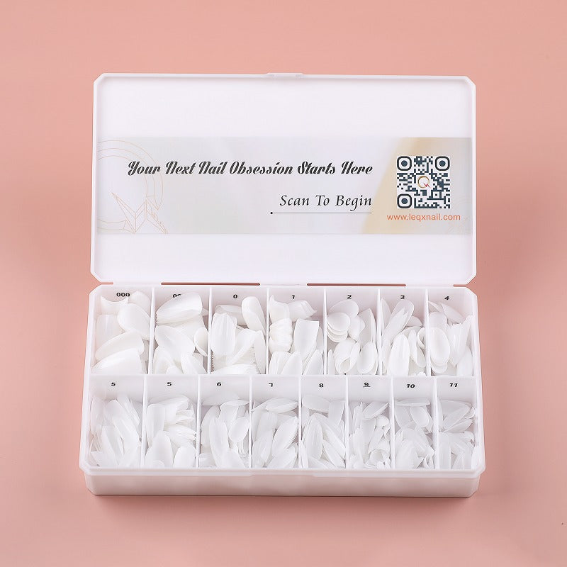 PRO QX TIPS- MEDIUM ALMOND- MILKY WHITE -750 PCS- HALF MATTE- 15 SIZES - PRO GUIDE LINES- BUY 3 FREE 1