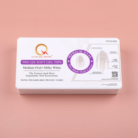 PRO QX TIPS- MEDIUM OVAL- MILKY WHITE -750 PCS- HALF MATTE- 15 SIZES - PRO GUIDE LINES- BUY 3 FREE 1