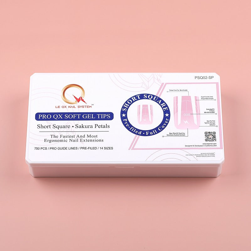 PRO QX TIPS- SHORT SQUARE-SAKURA PETALS-750 PCS- HALF MATTE- 15 SIZES - PRO GUIDE LINES- BUY 3 FREE 1