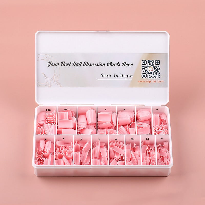 PRO QX TIPS- SHORT SQUARE-SAKURA PETALS-750 PCS- HALF MATTE- 15 SIZES - PRO GUIDE LINES- BUY 3 FREE 1