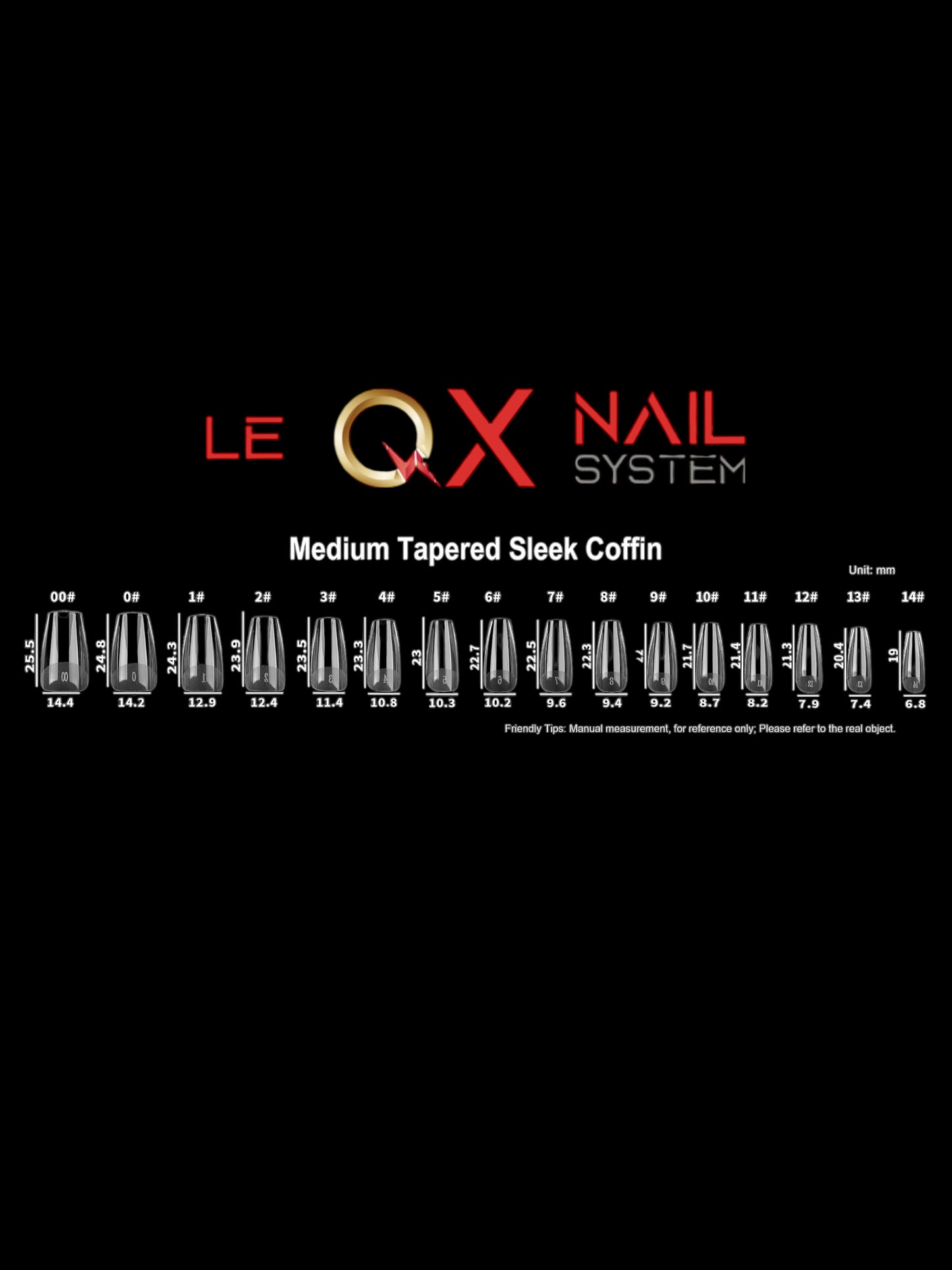 QX SOFT GEL TIPS - MEDIUM TAPERED SLEEK COFFIN  - CLEAR - Full Coverage/ Pre-file Clear. Buy 3 FREE 1
