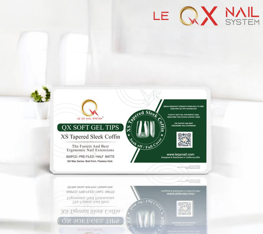 QX SOFT GEL TIPS - XS TAPERED SLEEK COFFIN - Full Coverage/ Prefile . Buy 3 FREE 1