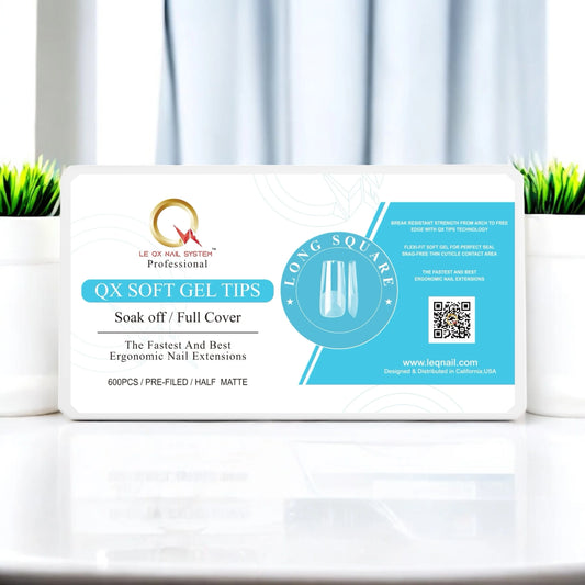 QX SOFT GEL TIPS - LONG SQUARE - Full Coverage/ Prefile Clear. Buy 3 FREE 1