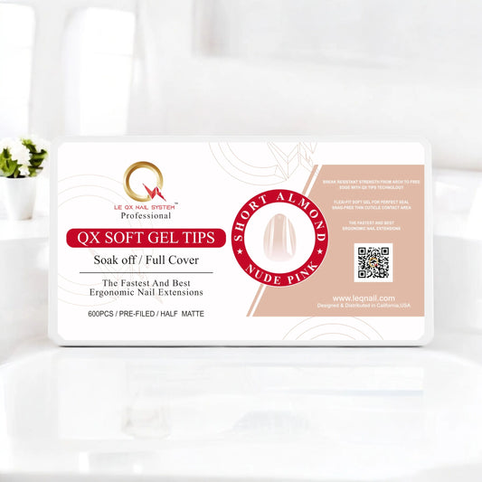 QX SOFT GEL TIPS - SHORT ALMOND - NUDE PINK- Full Coverage/ Prefile . Buy 3 FREE 1